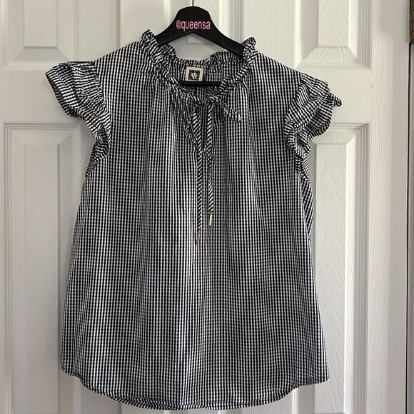 Ann Klein Black and White Gingham Ruffle Top size L - Picture 2 of 9